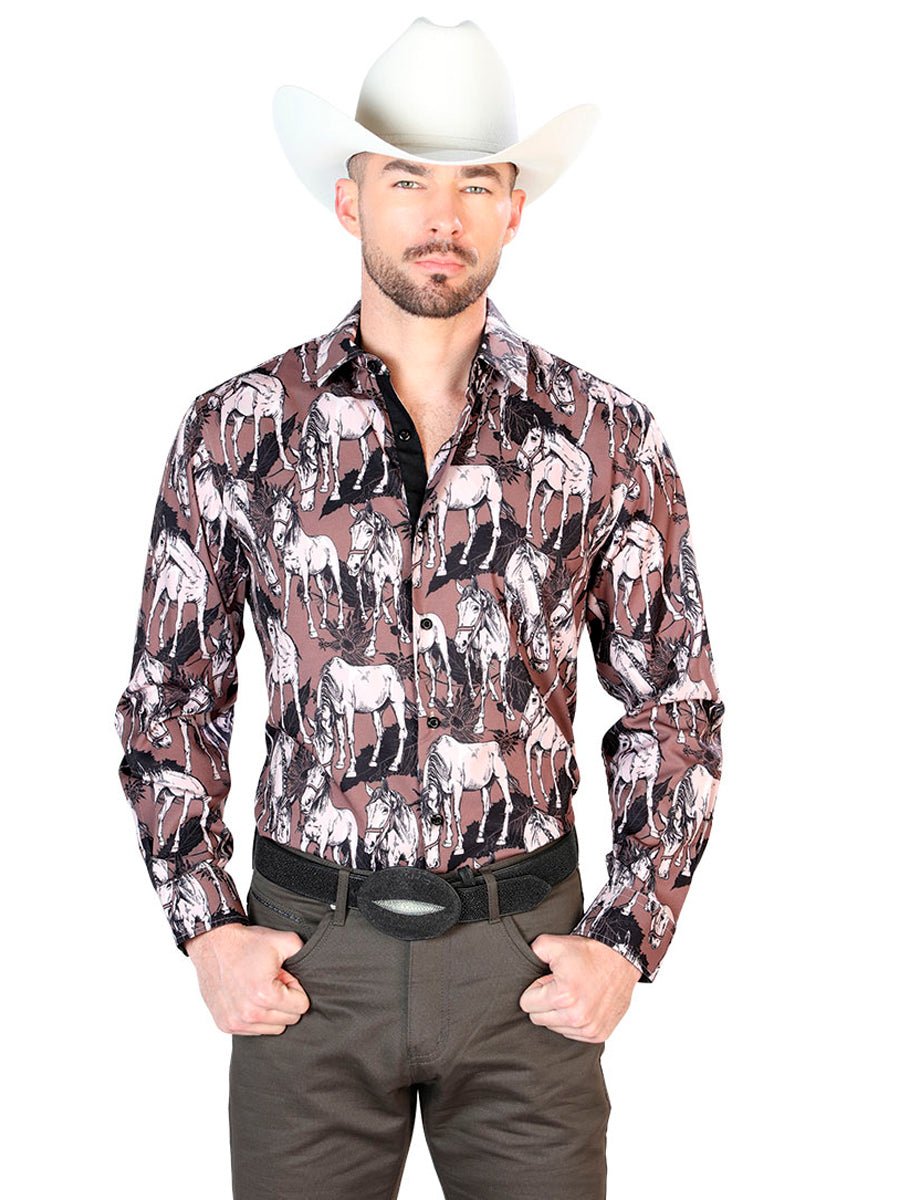 Black And Beige Horse Print Long Sleeve Shirt 43699