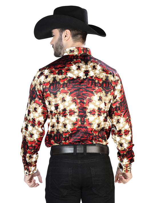 Camisa Informal de Manga Larga en Borgoña y Dorado 44103