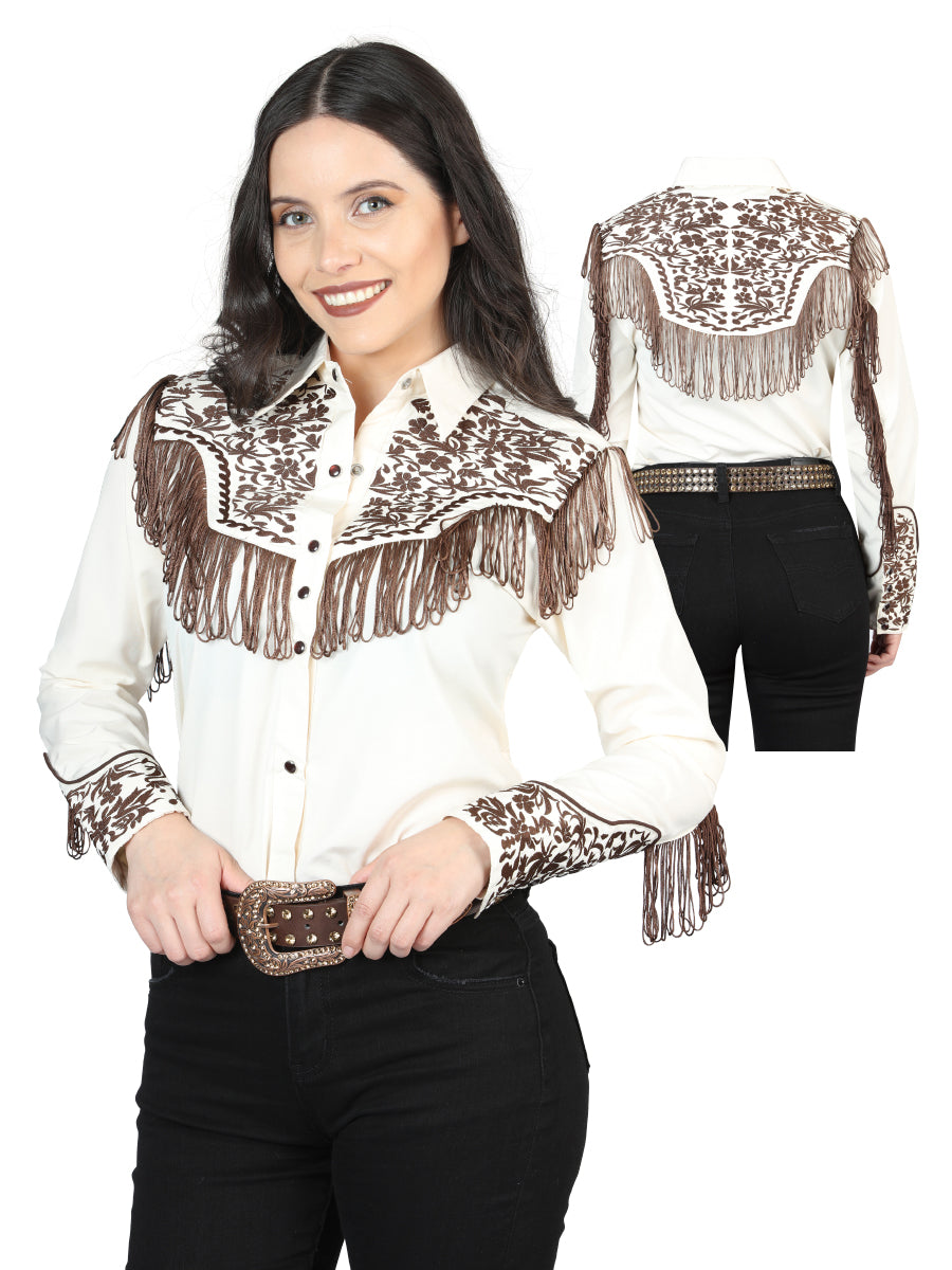 Womens Fringe Beige Embroidered Western-style Blouse 44180