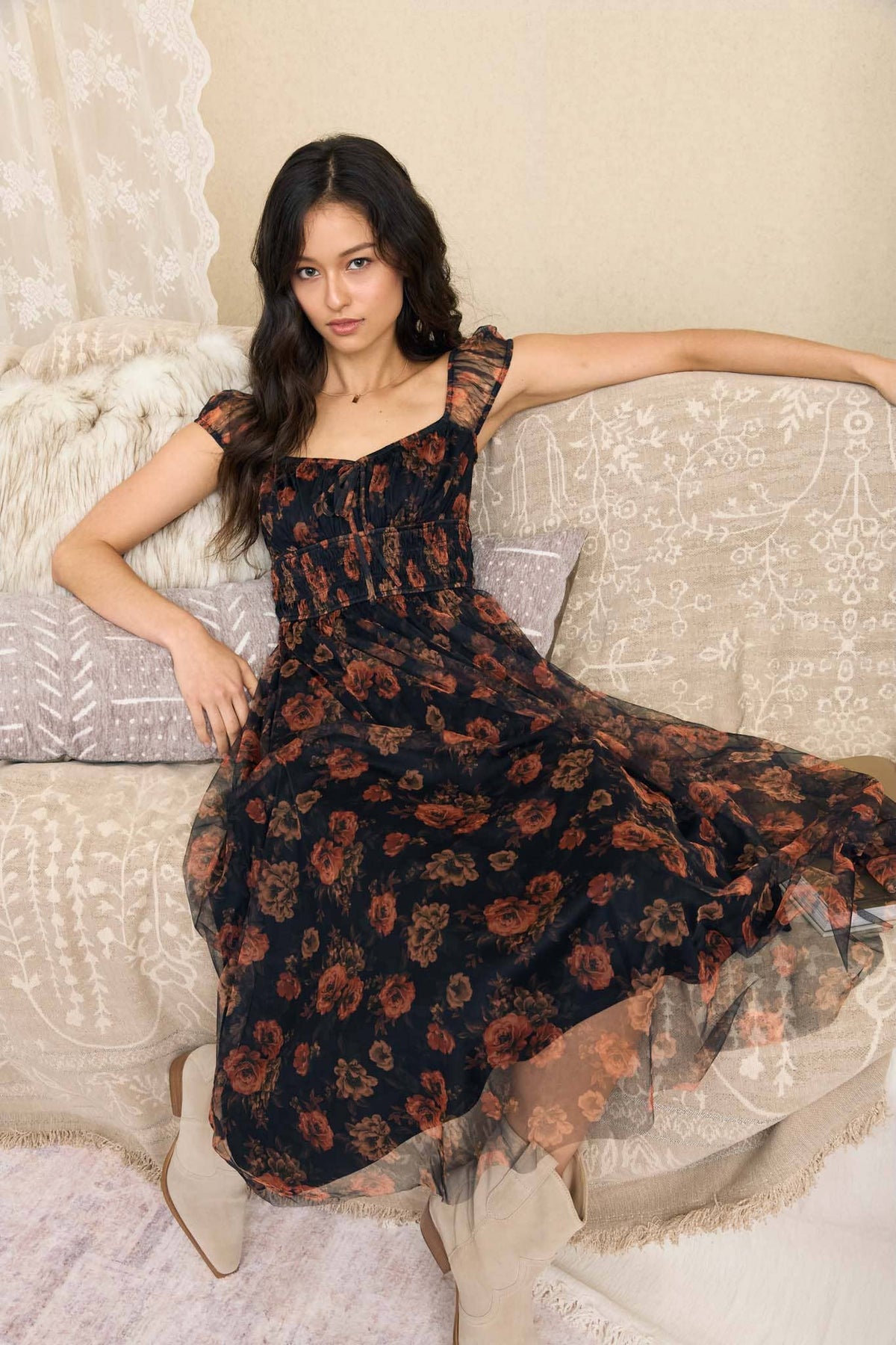 Floral Organza Shirred Waist Front Tie Midi Dress