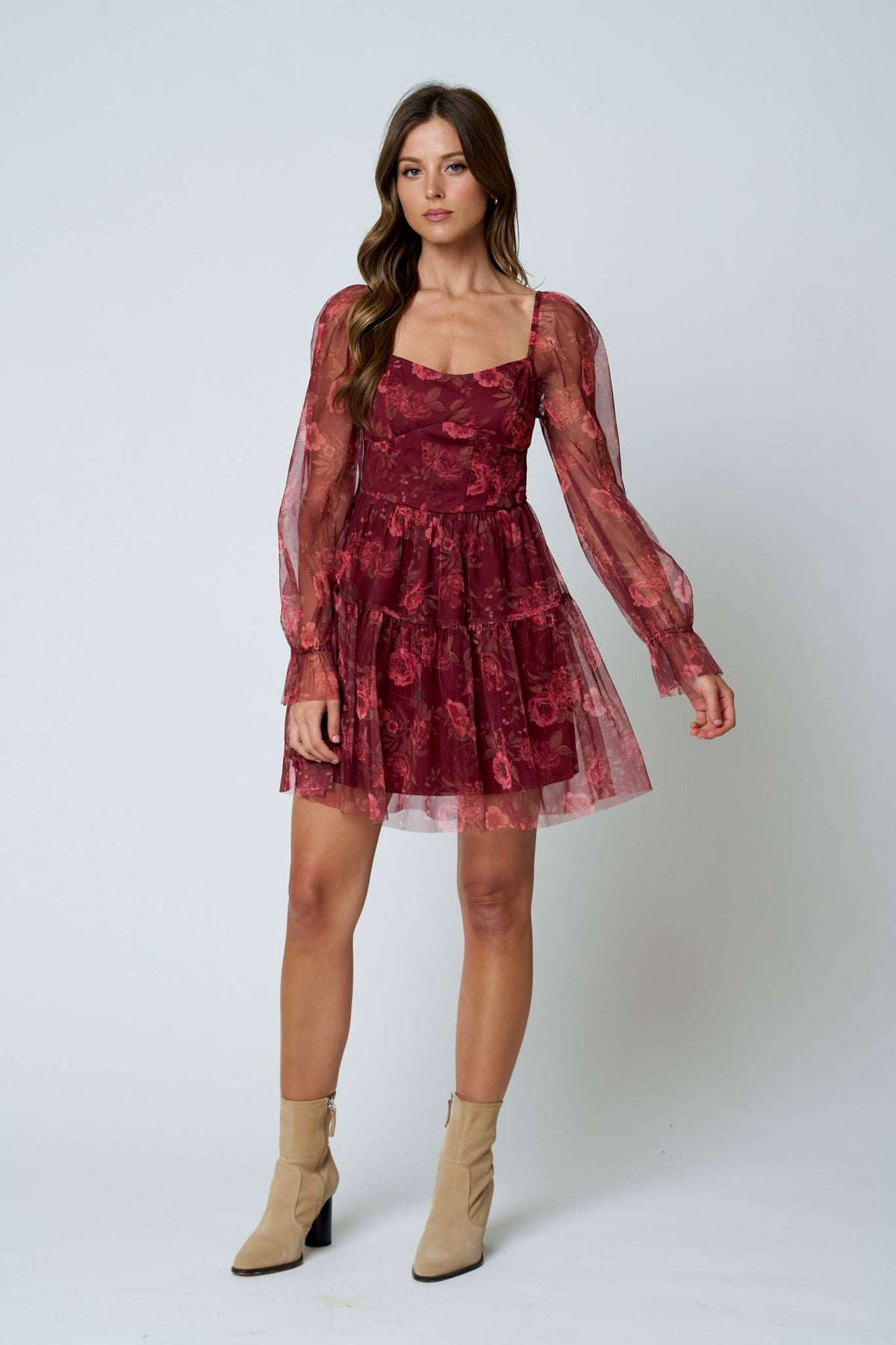 Floral Chiffon Long Sleeve Corset Mini Dress