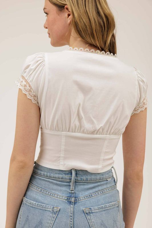 Lace Trim Button Down Front Tie Crop Top