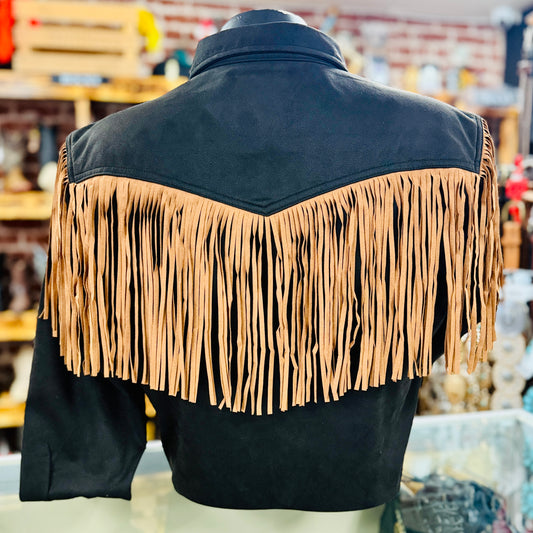 Embroidered Black Suede Western Fringe Shirt
