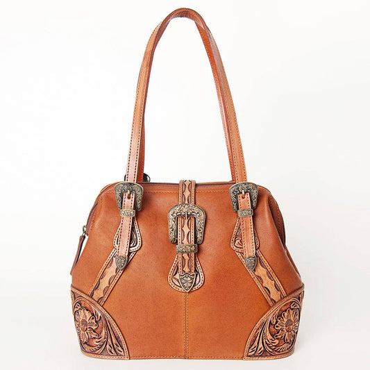 LC-ADBGI183A Bolso de bandolera western de cuero repujado - Bolso de vaquera color tostado con hebillas vintage