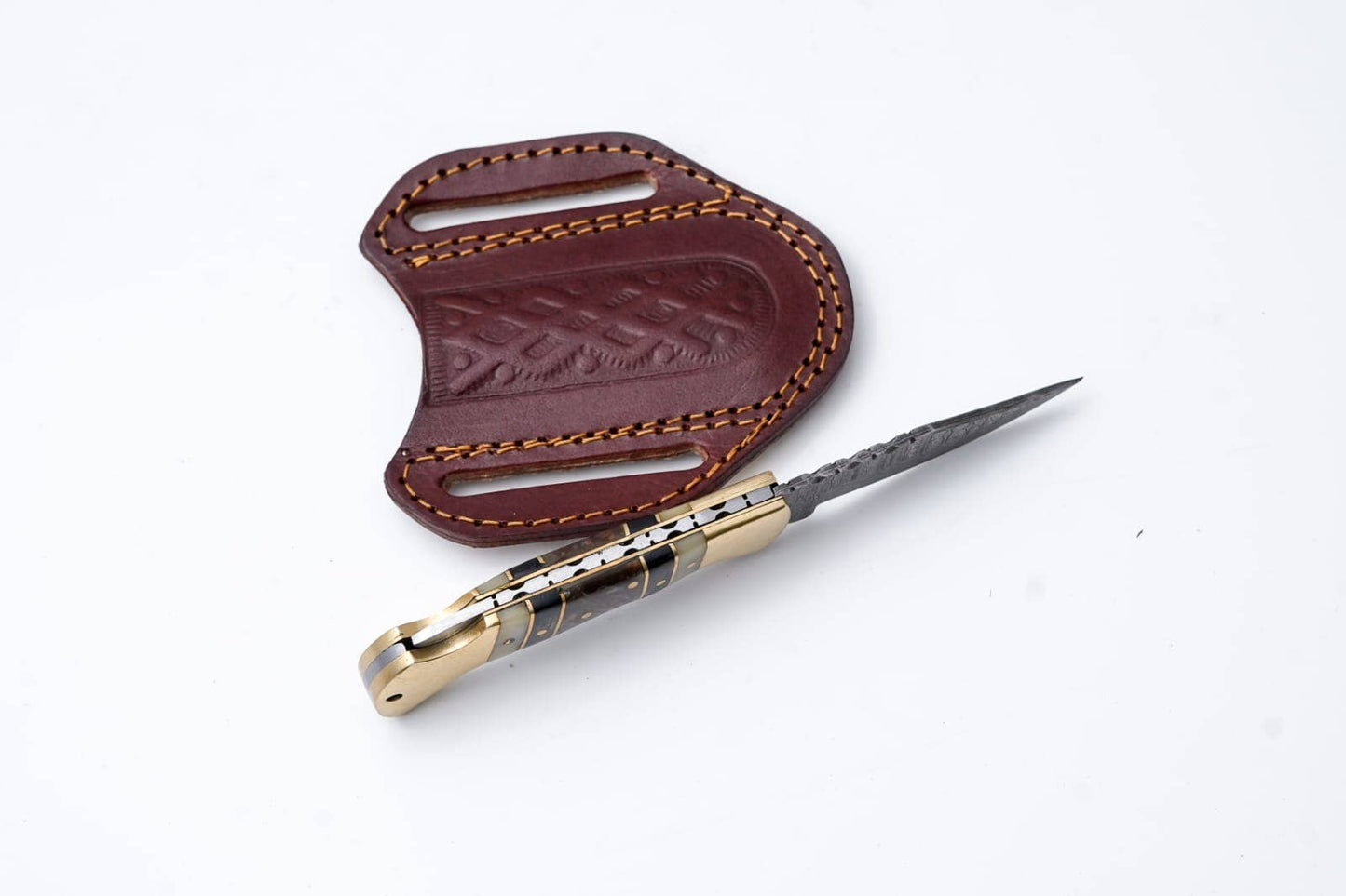 Brass & Bone Damascus Folding Knife with Leather Sheath
