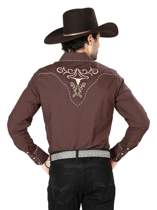 Camisa vaquera El General bordado marrón/oro 42891