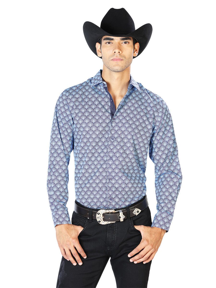 Blue Casual Long Sleeve Western Cowboy Shirt 43544