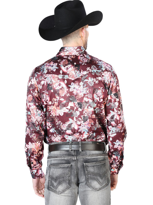 Camisa Casual de Manga Larga con Estampado Floral en Color Vino y Beige 43936