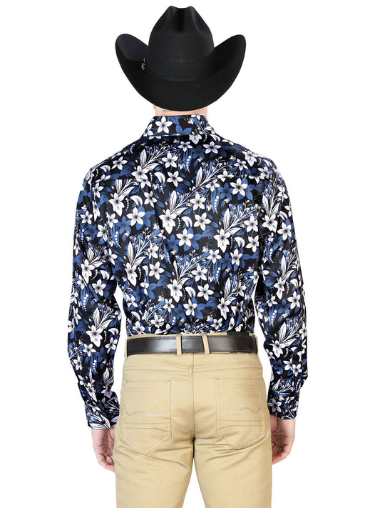 Camisa informal de manga larga con estampado de flores azules 43954