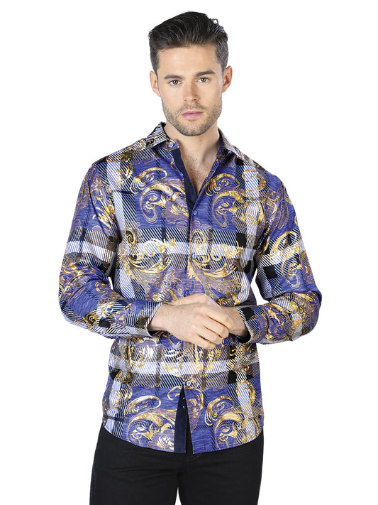 Blue Gold Print Casual Long Sleeve Shirt 44023