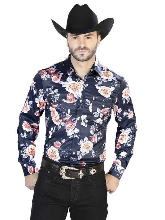 Navy/Roses Casual Long Sleeve Shirt 44089