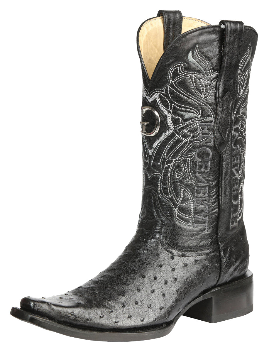 El General Men's Exotic Ostrich Leather Cowboy Boots - Black  45075