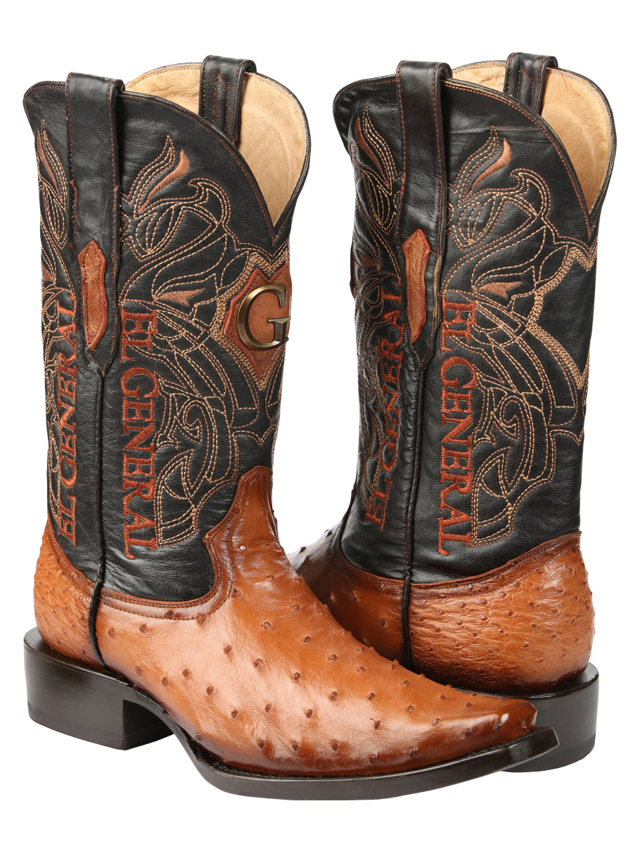 El General Men's Exotic Ostrich Leather Cowboy Boots - Cognac  45077