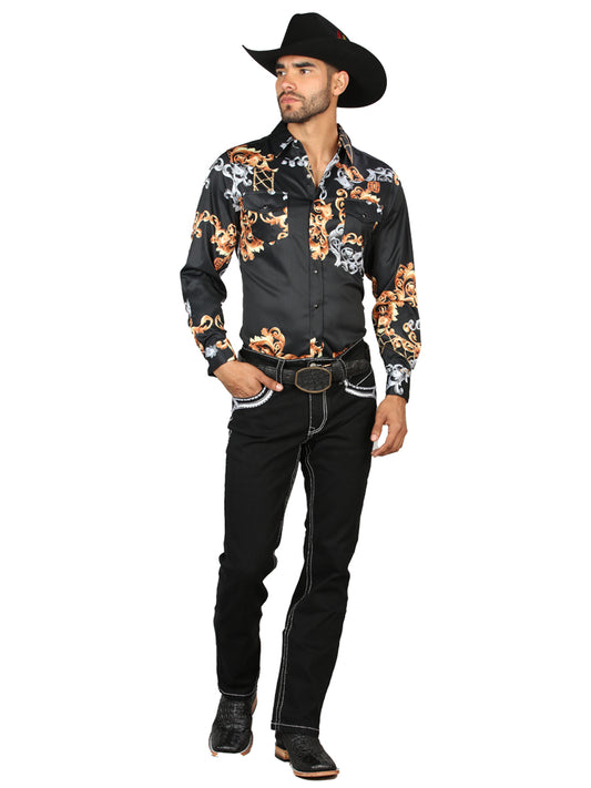 Denim negro de hombre Centenario con detalles bordados en blanco y gris 45310