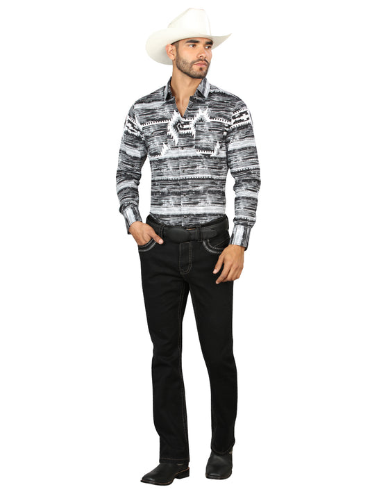 Centenario Men's Black Denim con detalles bordados grises 45311