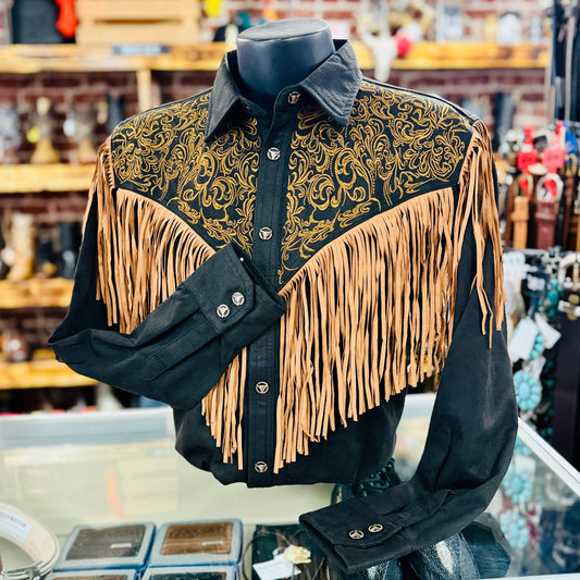 Embroidered Black Suede Western Fringe Shirt
