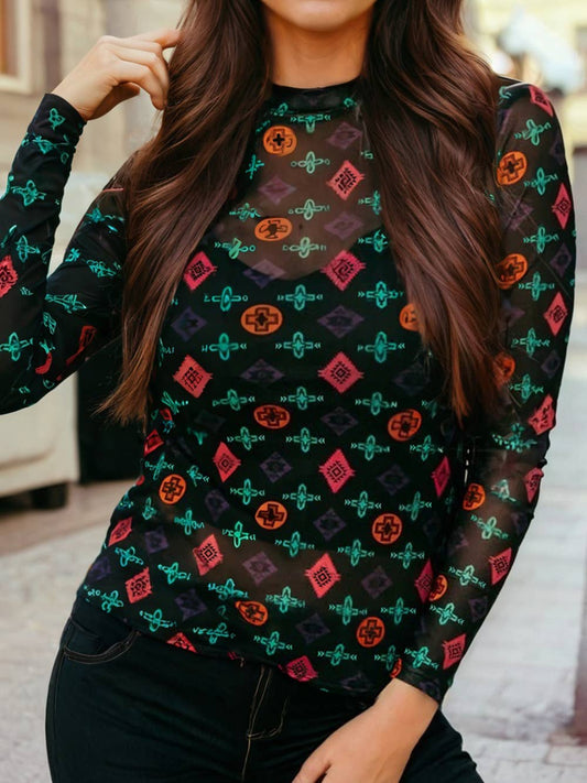 Western Aztec Printed Long Sleeve Mesh Top