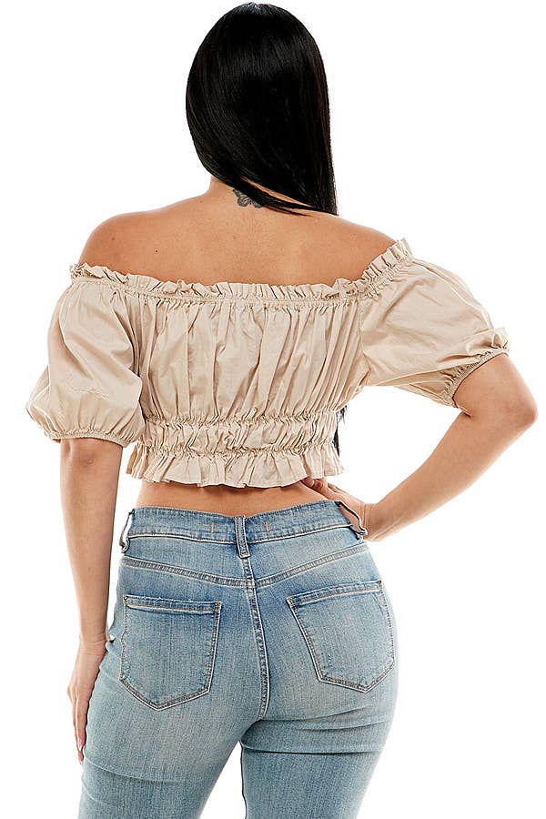 Frill Trim Solid Off Shoulder Top
