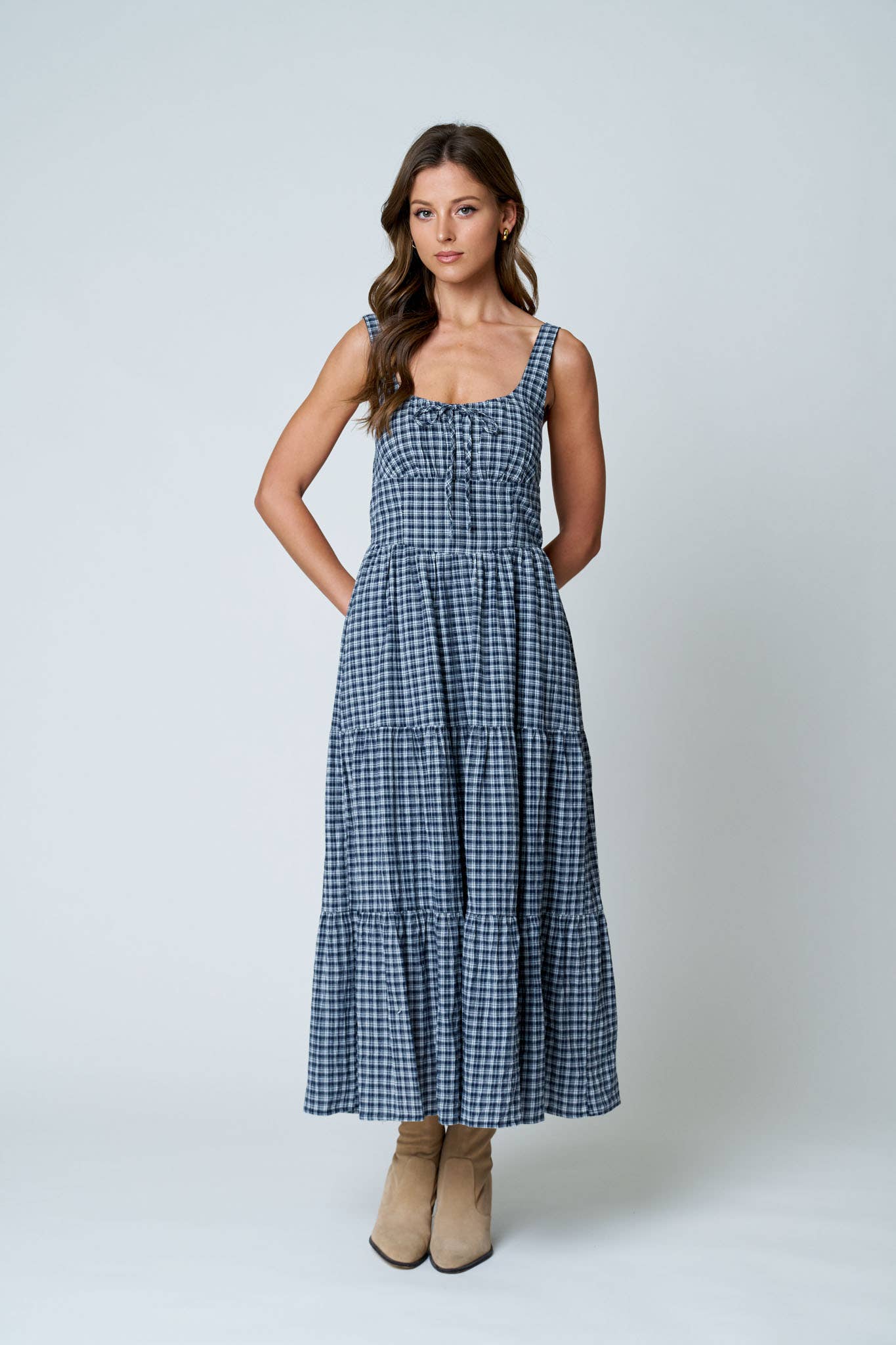 Plaid Front Tie Corset Detail Tiered Midi Dress