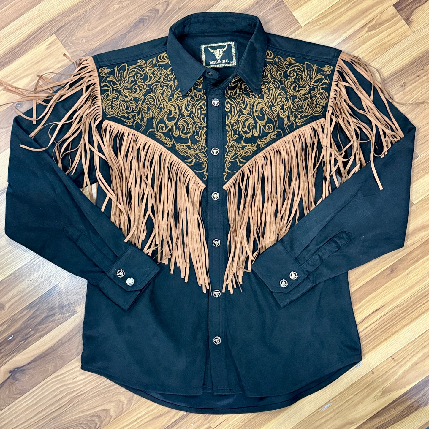 Embroidered Black Suede Western Fringe Shirt