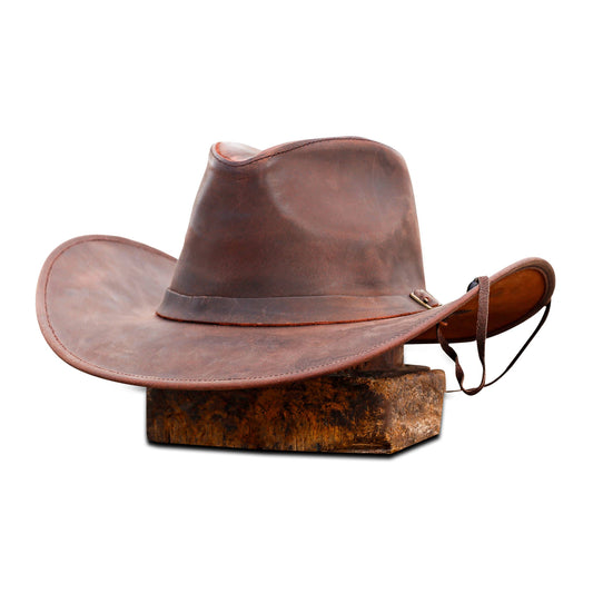 Sombrero vaquero unisex de cuero marrón de ala ancha moldeable
