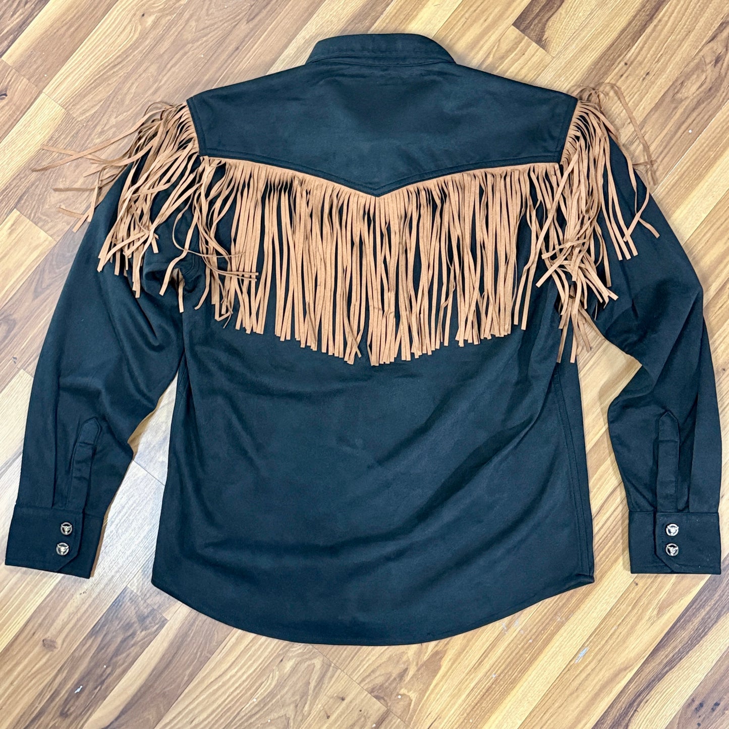 Embroidered Black Suede Western Fringe Shirt
