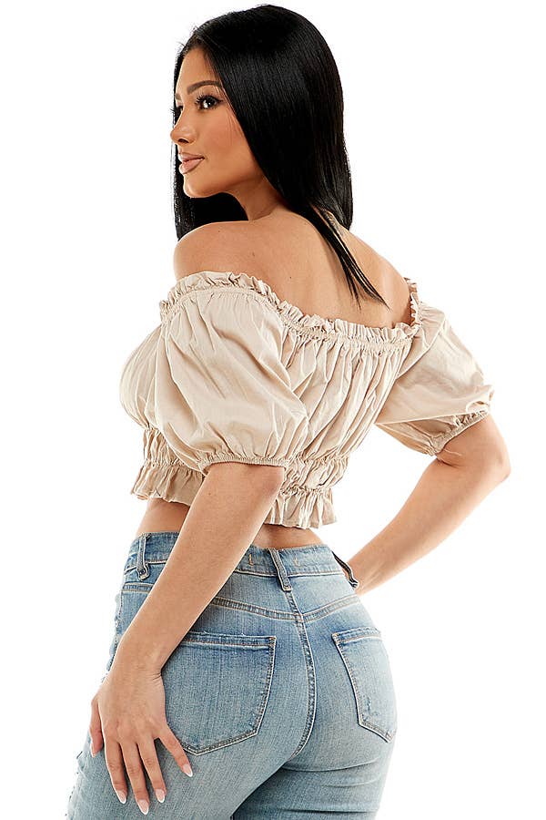 Frill Trim Solid Off Shoulder Top