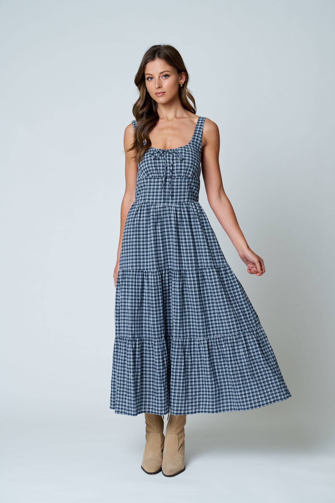 Plaid Front Tie Corset Detail Tiered Midi Dress