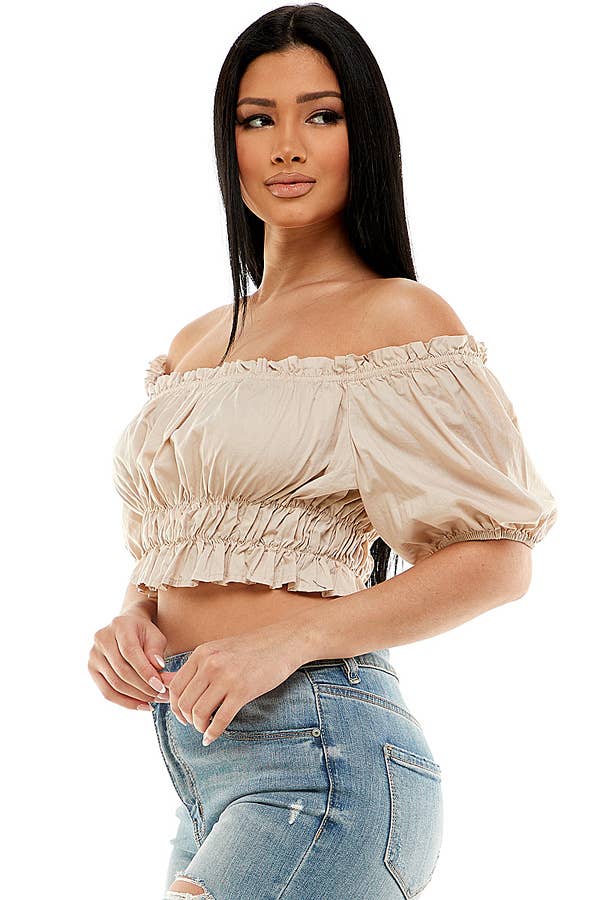Frill Trim Solid Off Shoulder Top