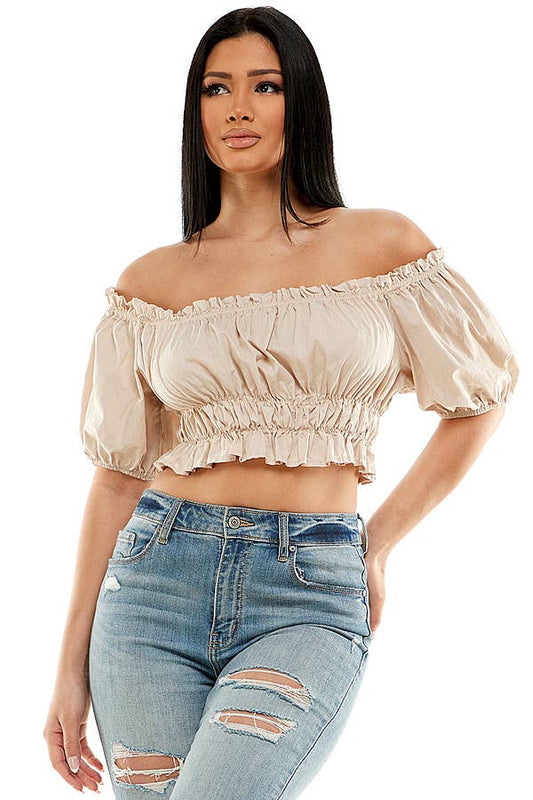 Frill Trim Solid Off Shoulder Top