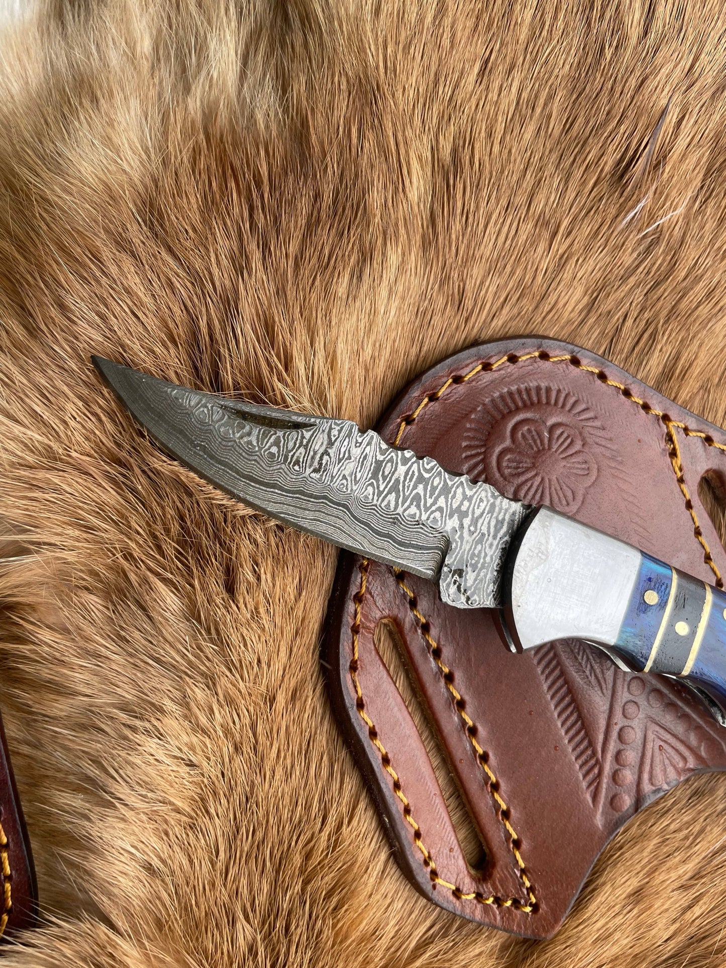 POCKET KNIFE BLUE DIAMOND WOOD 6.5'' DAMASCUS STEEL KNIFE ST