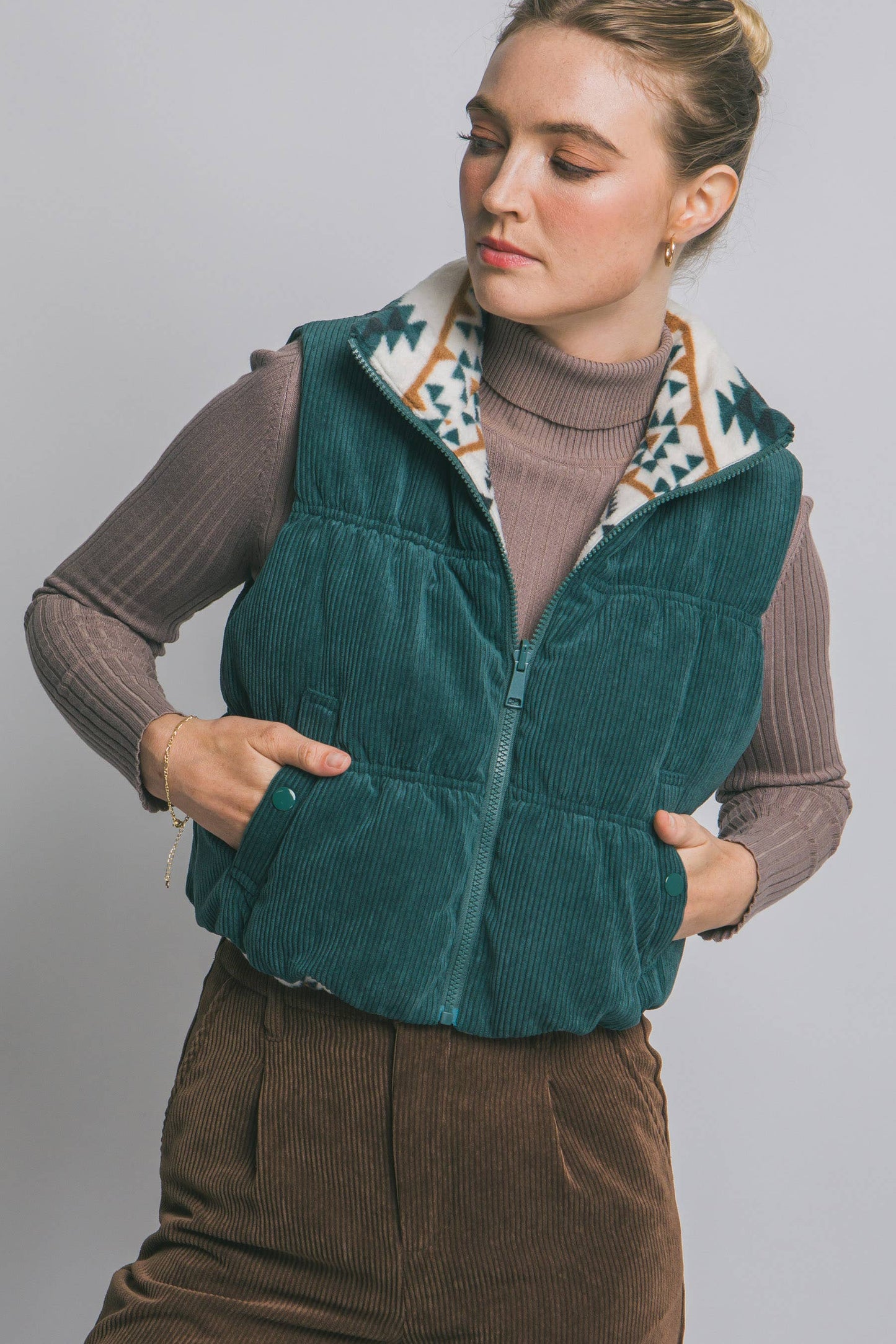 Aztec Print Reversible Corduroy Puffer Vest