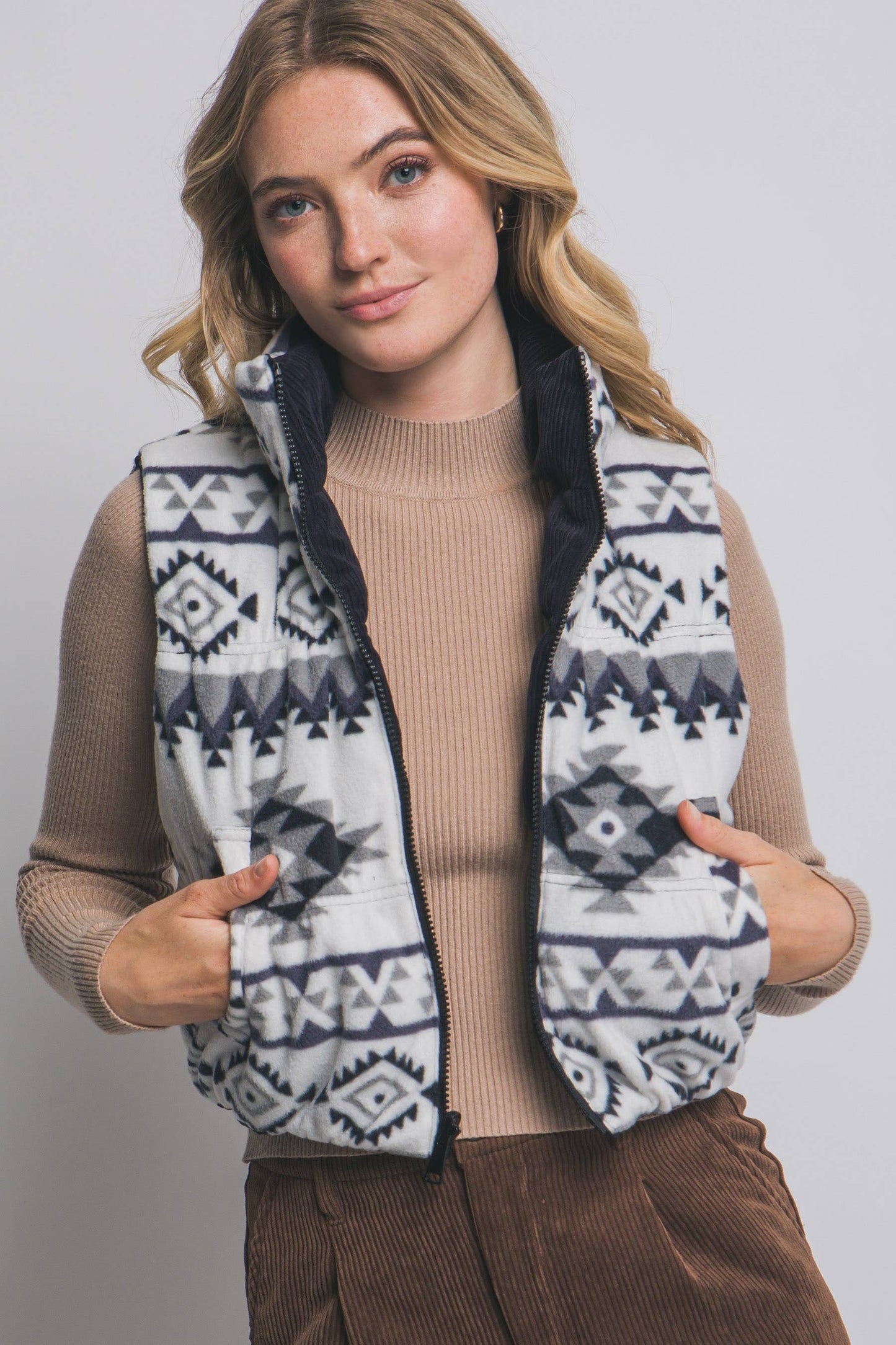 Aztec Print Reversible Corduroy Puffer Vest