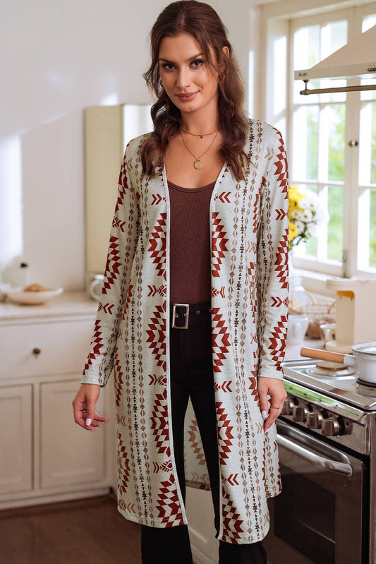 Western Printed Open Front Long Cardigan