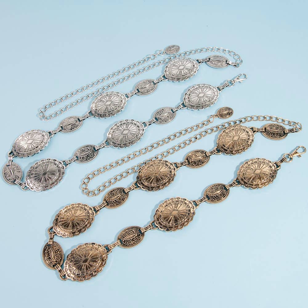 Ornate Oval Concho Disc Chain Fashion Belt