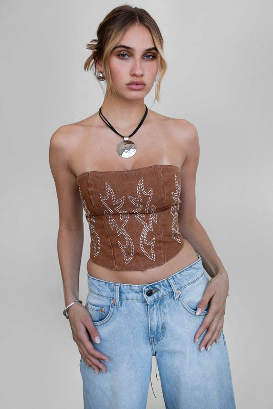 Washed Denim Rhinestone Western Corset Top