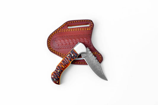 Navaja Plegable de Damasco Estilo Cuerno de Ciervo con Funda de Cuero