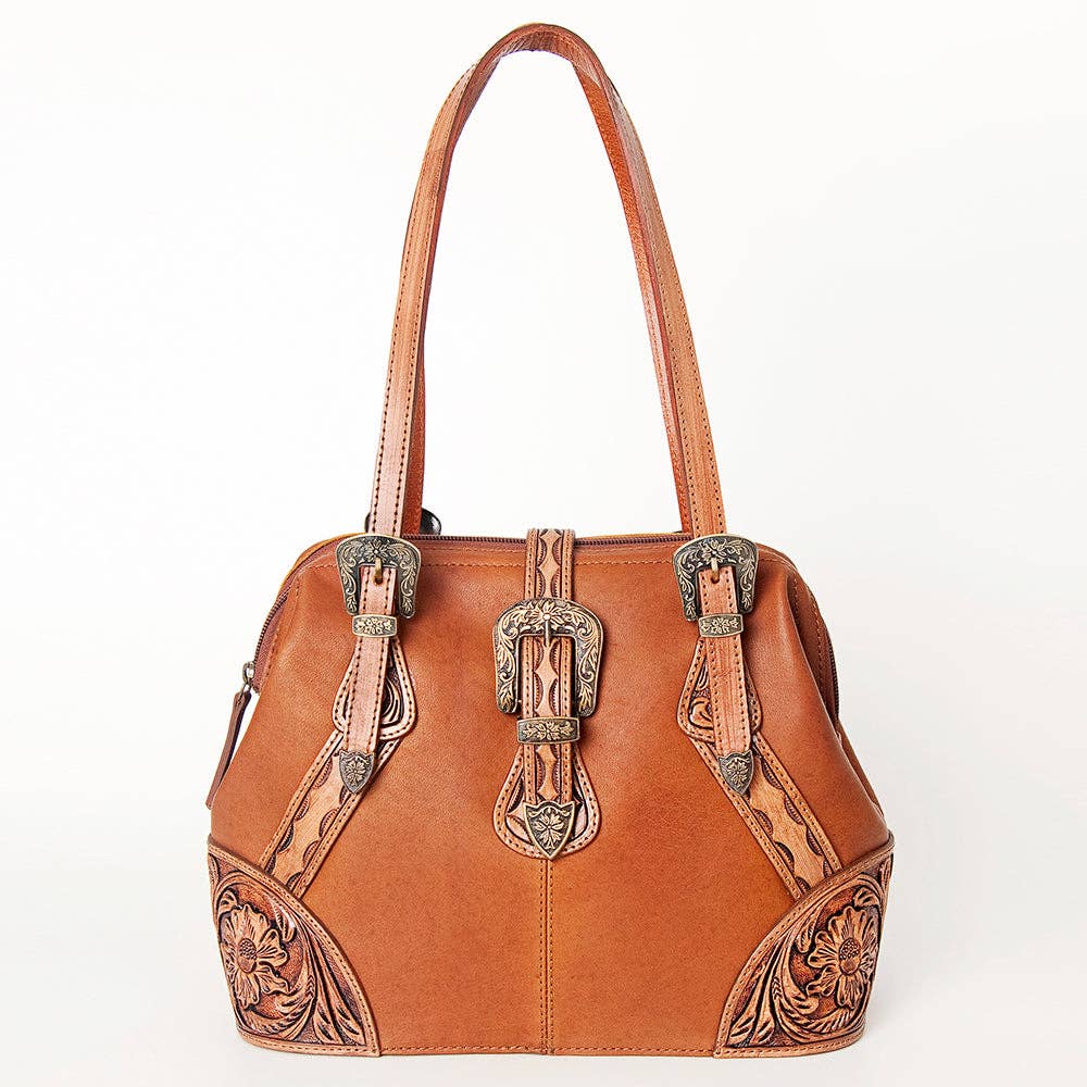 LC-ADBGI183A Tooled Leather Western Satchel - Tan Cowgirl Purse with Vintage Buckles