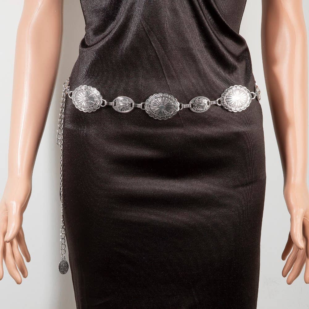 Ornate Oval Concho Disc Chain Fashion Belt