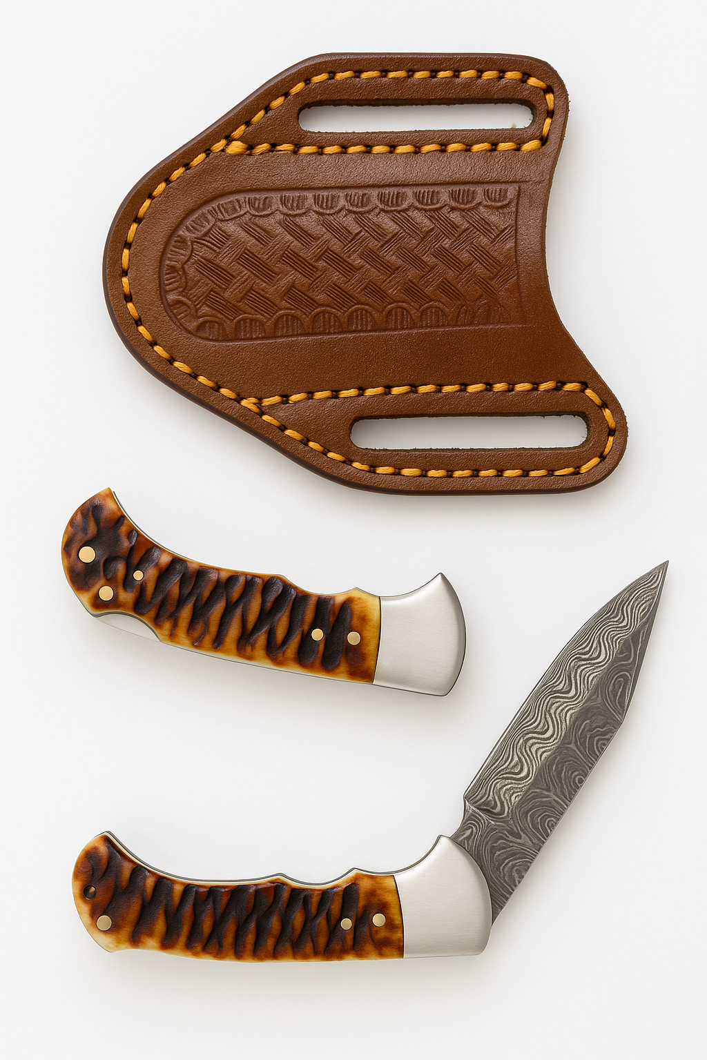 Stag Horn Style Damascus Folding Knife with Leather Sheath