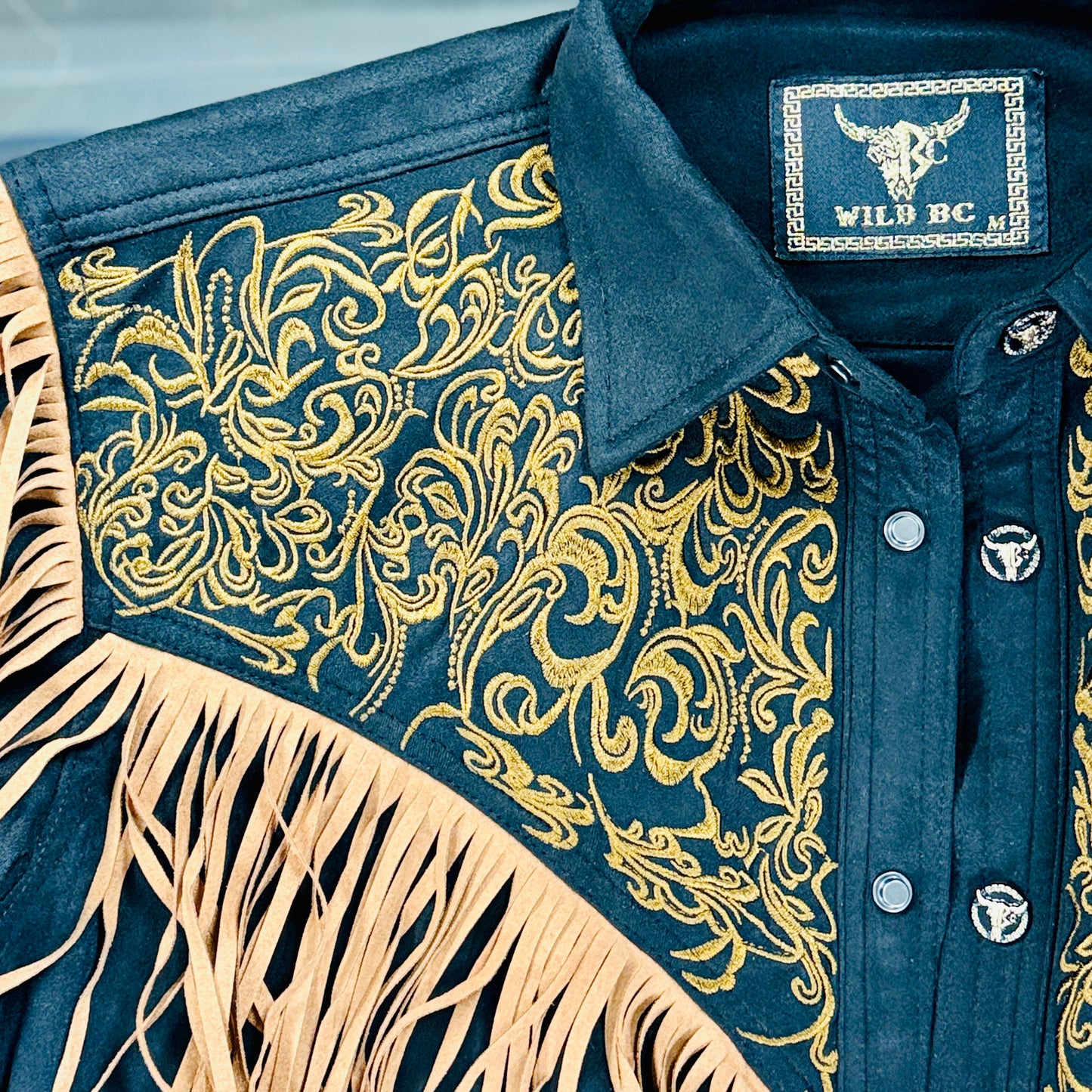 Embroidered Black Suede Western Fringe Shirt