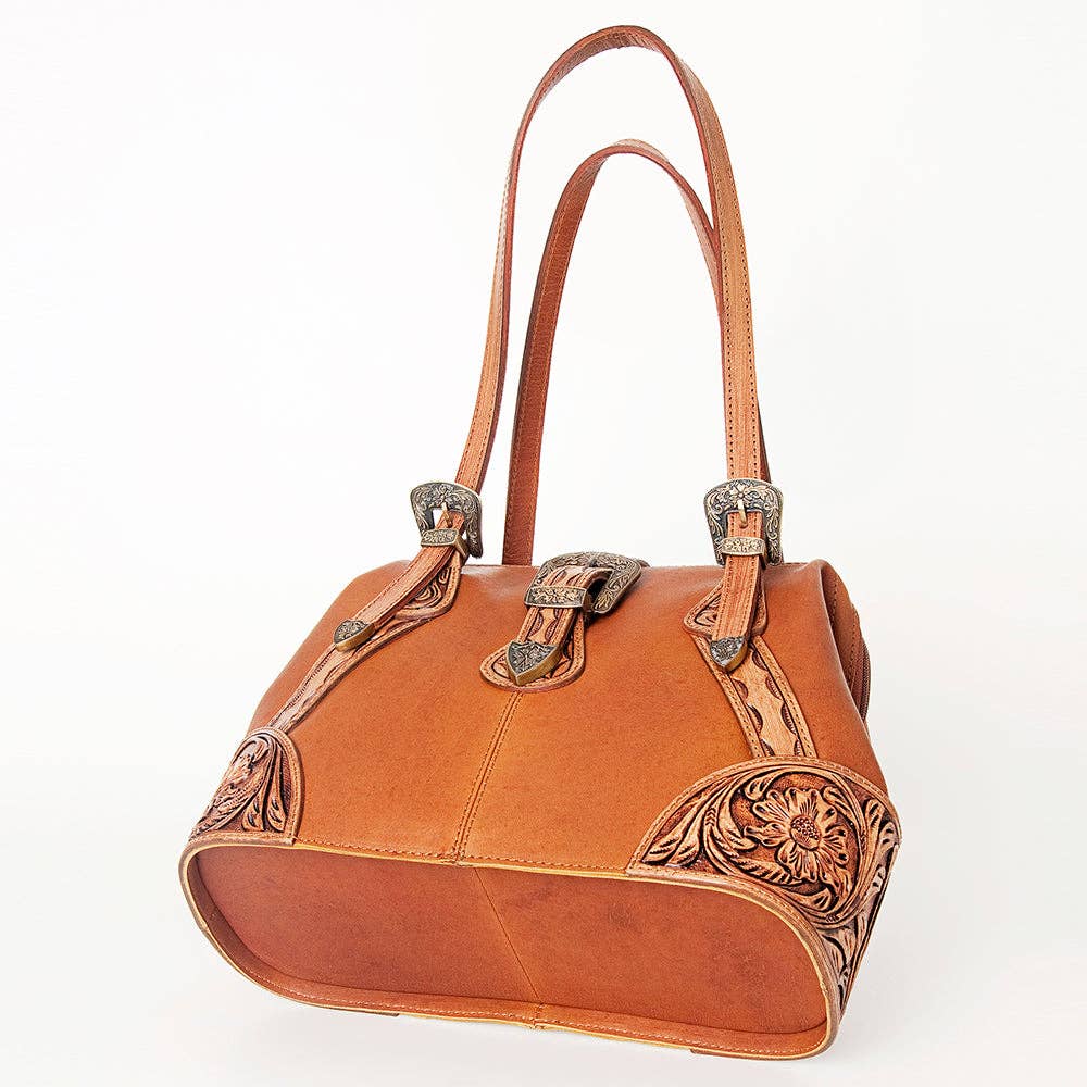 LC-ADBGI183A Tooled Leather Western Satchel - Tan Cowgirl Purse with Vintage Buckles