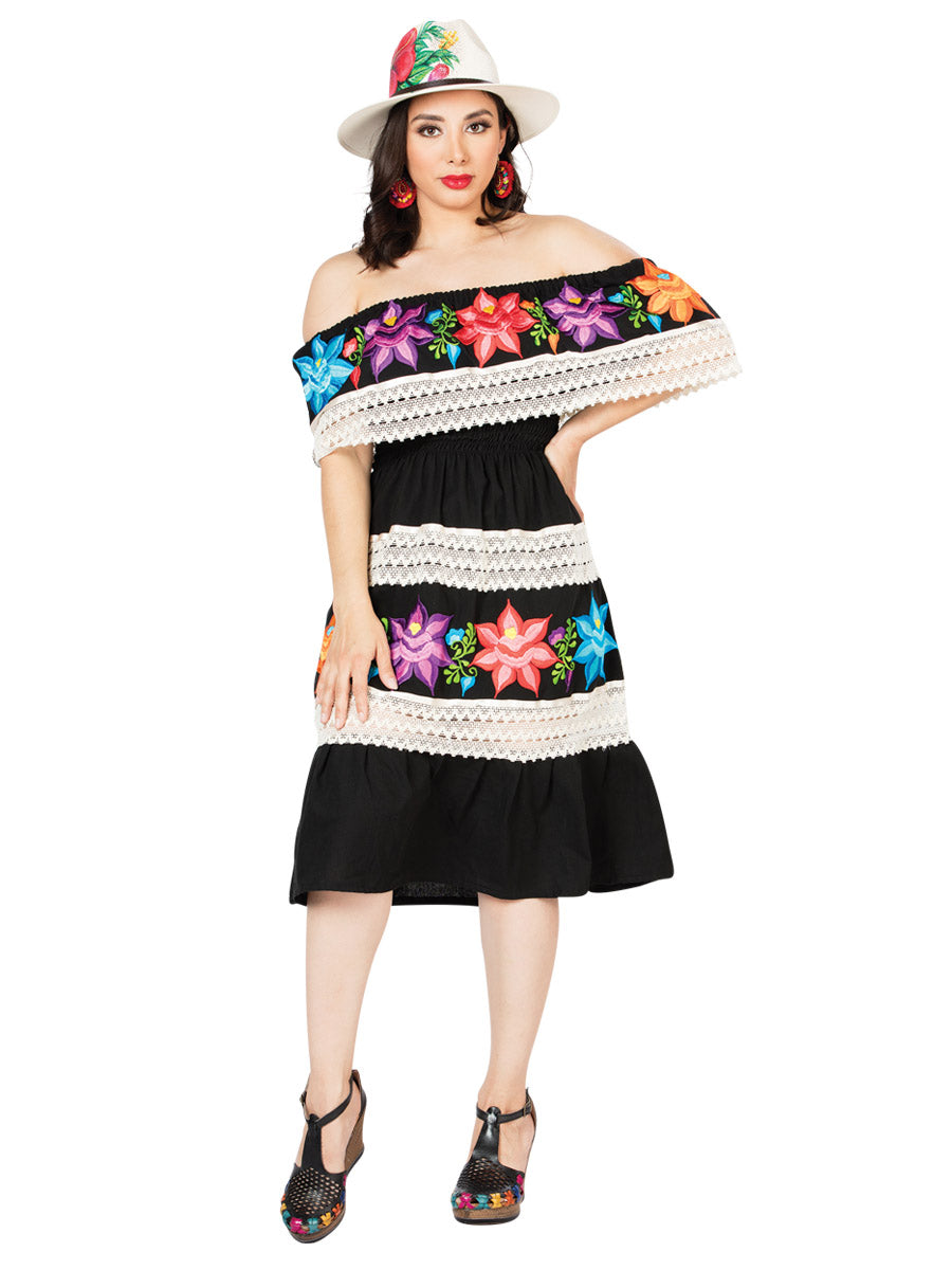 Artisanal Embroidered Dress 100% Cotton Black 603099