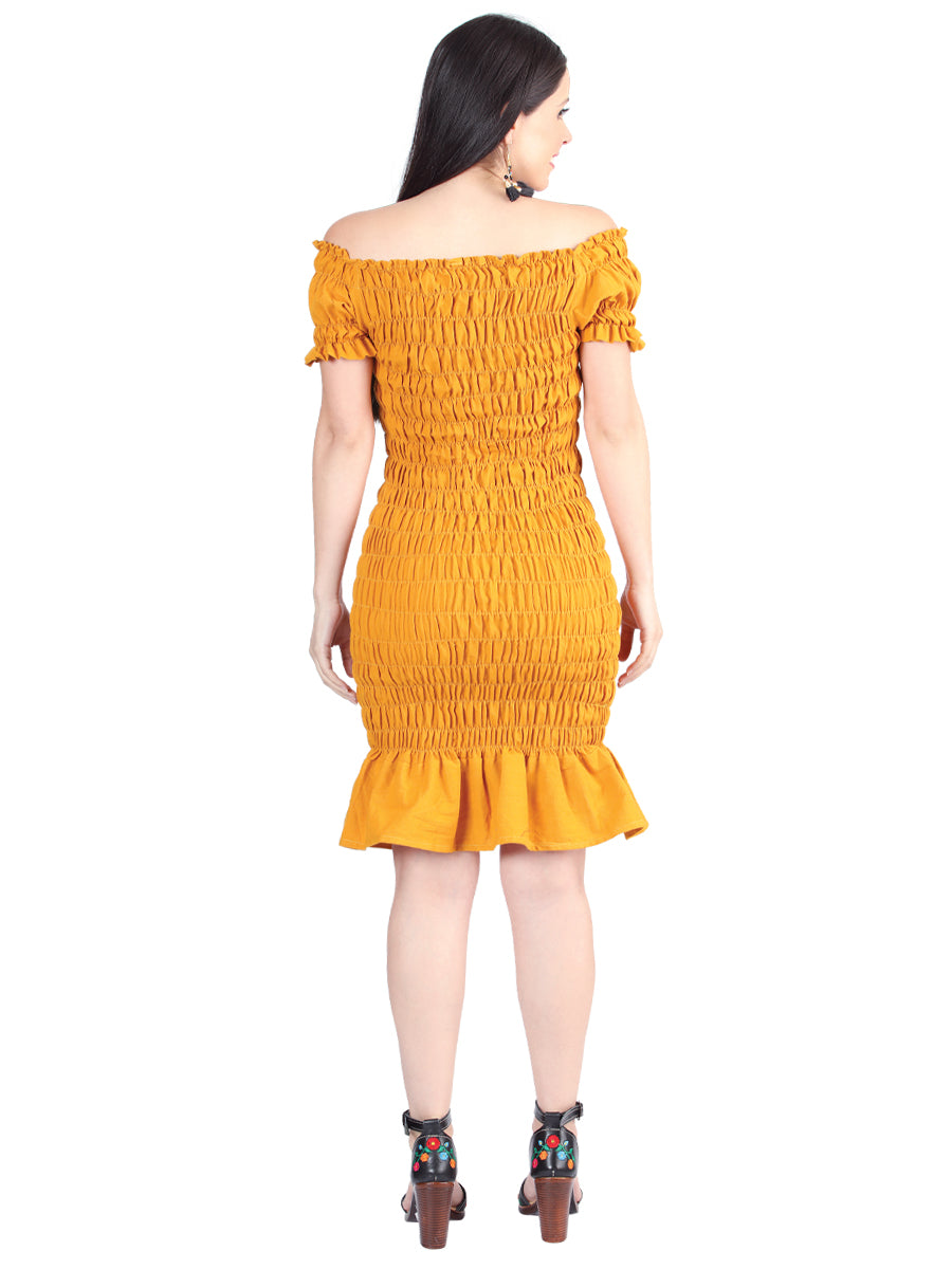 Artisanal Embroidered Dress 100% Cotton Mustard 604008