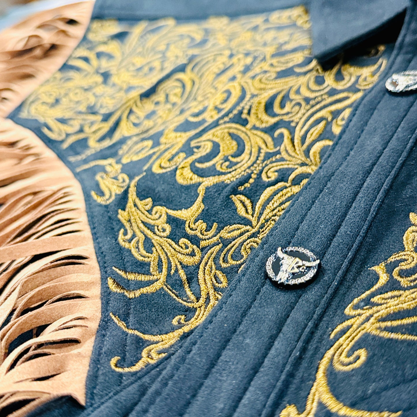 Embroidered Black Suede Western Fringe Shirt