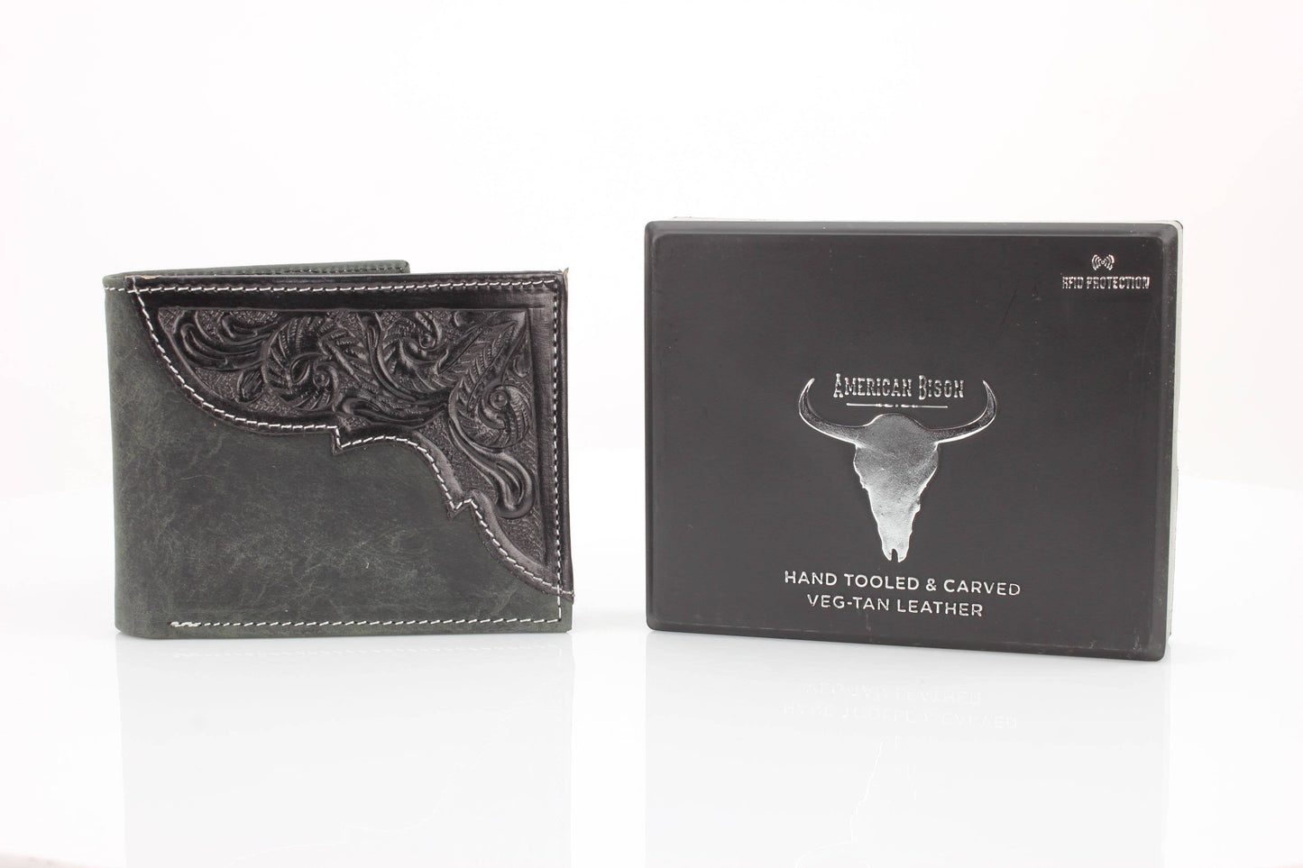 American Bison Oil Pull Up Bifold Wallet Tooled  ABW028