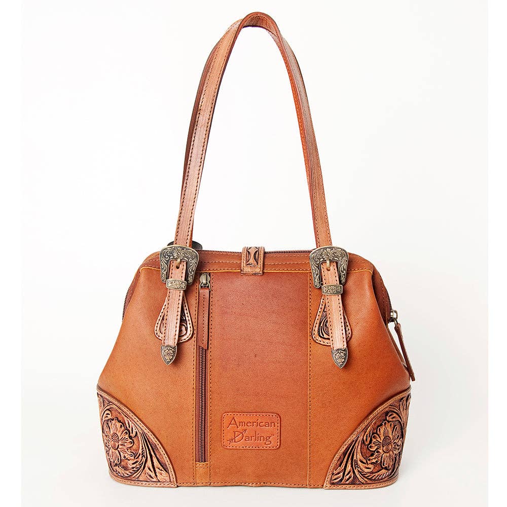 LC-ADBGI183A Tooled Leather Western Satchel - Tan Cowgirl Purse with Vintage Buckles