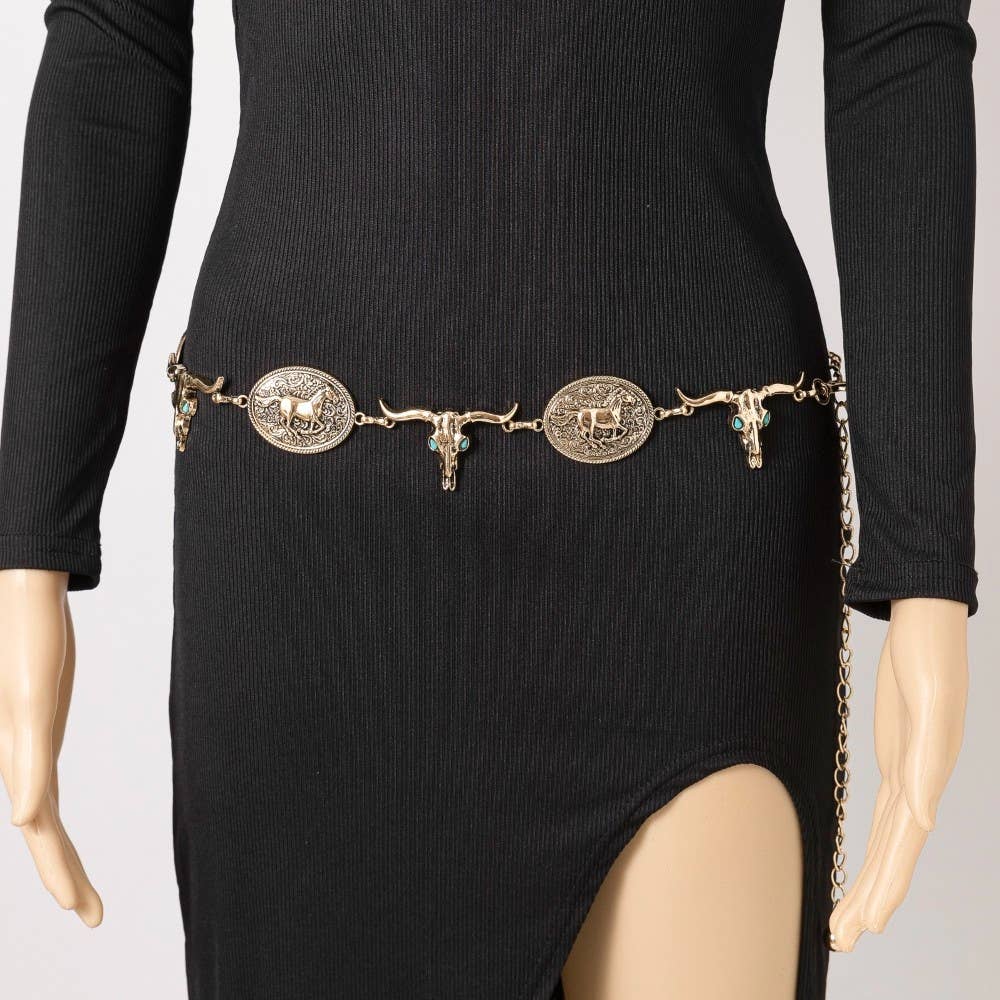 Western Horse Disc And Long Horn Chain Belt