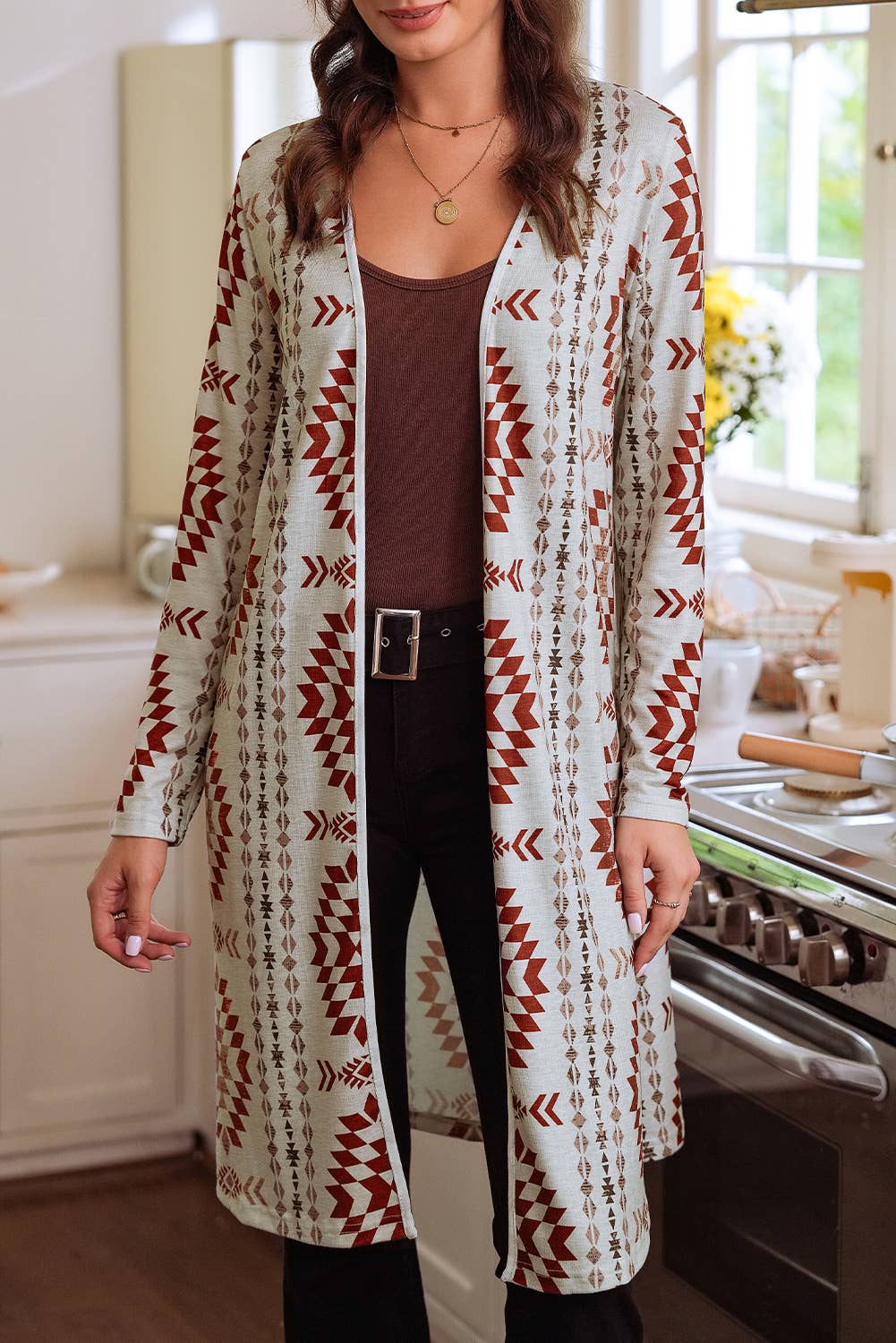 Western Printed Open Front Long Cardigan