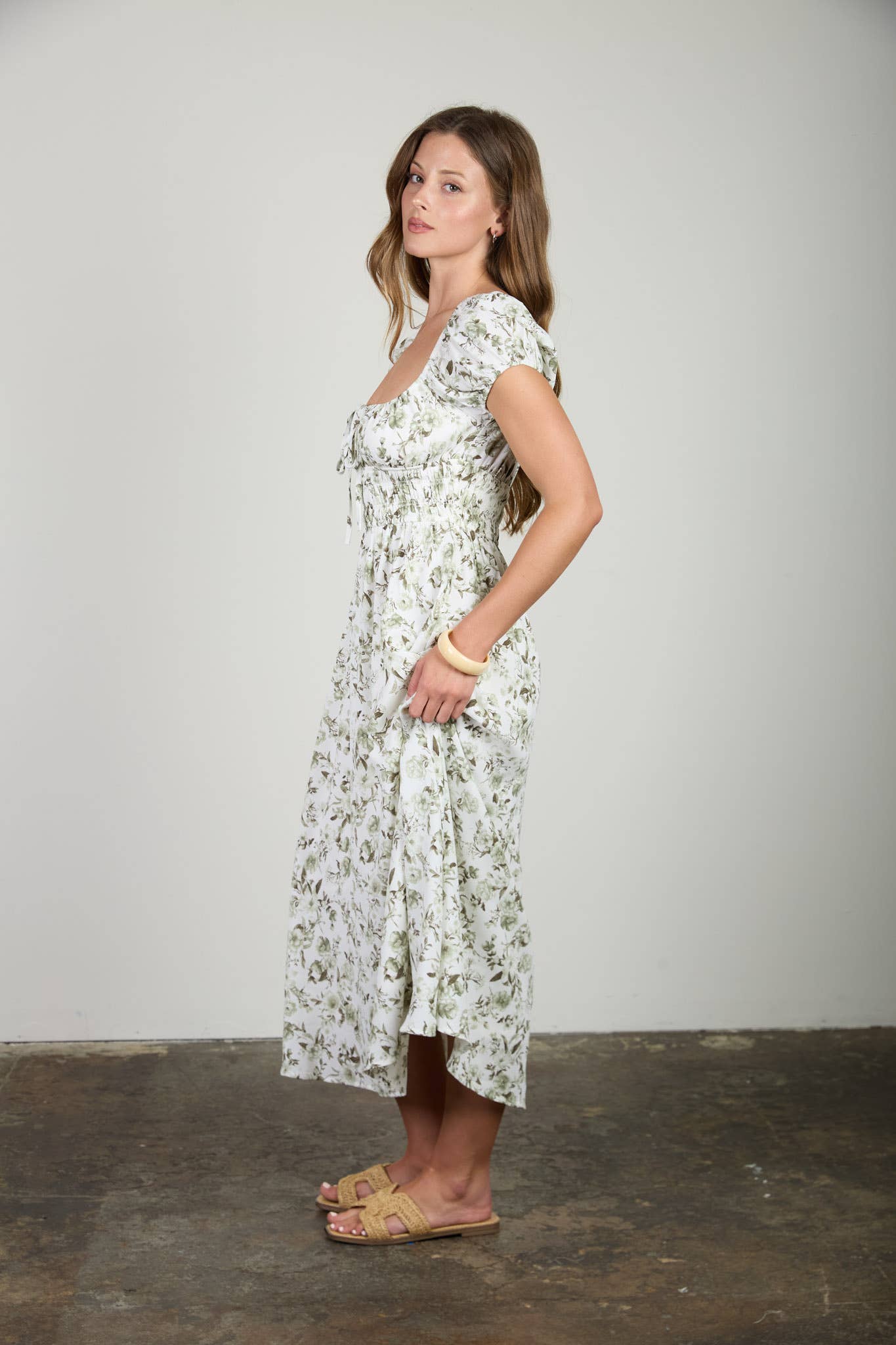 Floral Toile Front Tie Short Sleeve Midi Dress